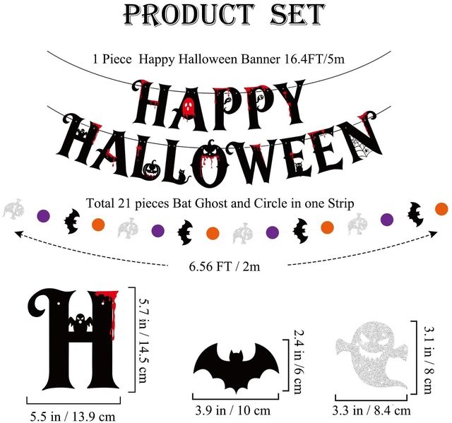 Alt view image 3 of 7 - Happy Halloween Banner Bat Ghost Garland Halloween Party Decorations Indoor | 2 PCS Halloween Hanging Decorations with 12 PCS 3D Bats for Fireplace Mantel Wall Indoor,Halloween Party Supplies