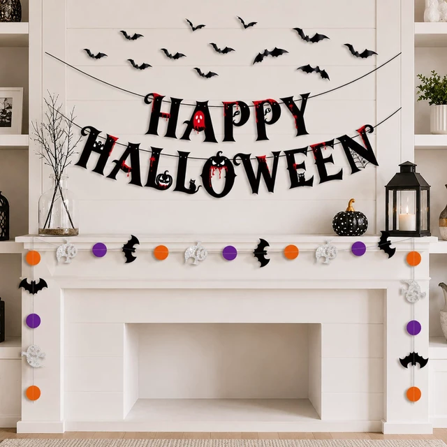 Alt view image 7 of 7 - Happy Halloween Banner Bat Ghost Garland Halloween Party Decorations Indoor | 2 PCS Halloween Hanging Decorations with 12 PCS 3D Bats for Fireplace Mantel Wall Indoor,Halloween Party Supplies