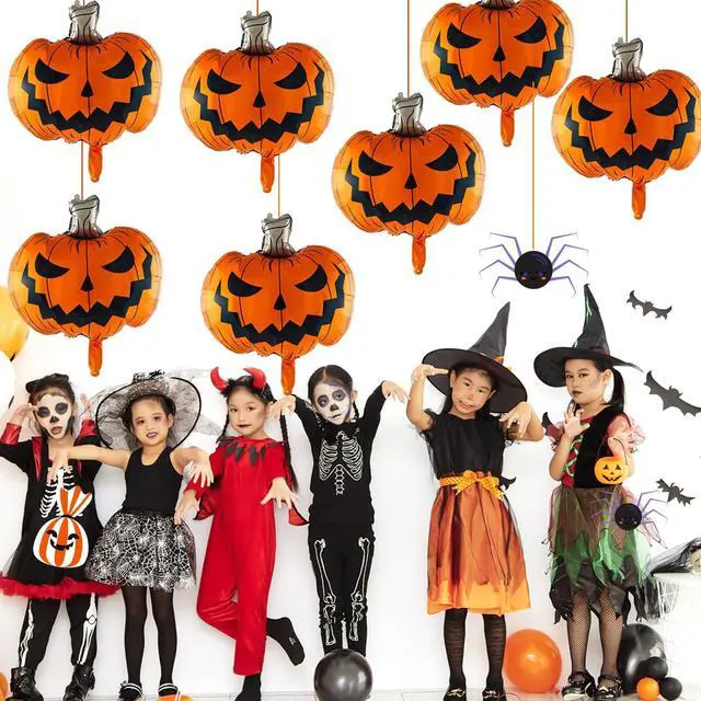 Alt view image 2 of 6 - Scary Halloween Pumpkin Balloons 6Pcs - 30 Inch Foil Balloons for Party Decor, Large Metallic Jack O Lantern Balloons with String, Spooky Indoor Outdoor Halloween Decorations