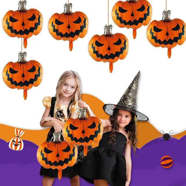 Alt view image 4 of 6 - Scary Halloween Pumpkin Balloons 6Pcs - 30 Inch Foil Balloons for Party Decor, Large Metallic Jack O Lantern Balloons with String, Spooky Indoor Outdoor Halloween Decorations