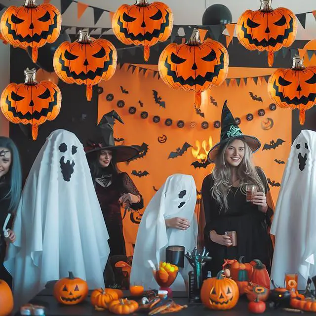 Alt view image 5 of 6 - Scary Halloween Pumpkin Balloons 6Pcs - 30 Inch Foil Balloons for Party Decor, Large Metallic Jack O Lantern Balloons with String, Spooky Indoor Outdoor Halloween Decorations