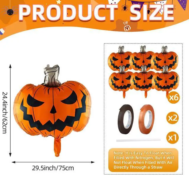 Alt view image 3 of 6 - Scary Halloween Pumpkin Balloons 6Pcs - 30 Inch Foil Balloons for Party Decor, Large Metallic Jack O Lantern Balloons with String, Spooky Indoor Outdoor Halloween Decorations