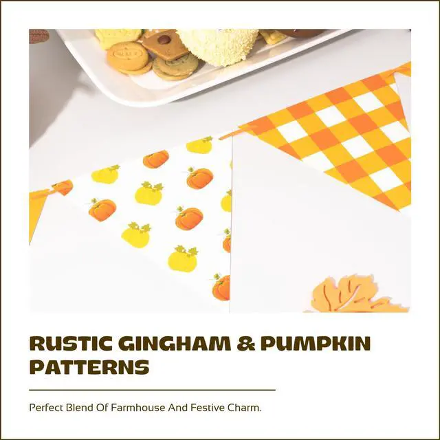 Alt view image 4 of 7 - Fall Banner Garland Autumn Triangle Flag Bunting with Plaid, Pumpkin & Maple Leaf Designs Cardstock Thanksgiving Decorations for Fall Birthday, Harvest & Party Supplies