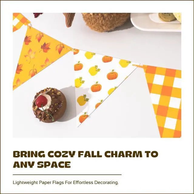 Alt view image 5 of 7 - Fall Banner Garland Autumn Triangle Flag Bunting with Plaid, Pumpkin & Maple Leaf Designs Cardstock Thanksgiving Decorations for Fall Birthday, Harvest & Party Supplies