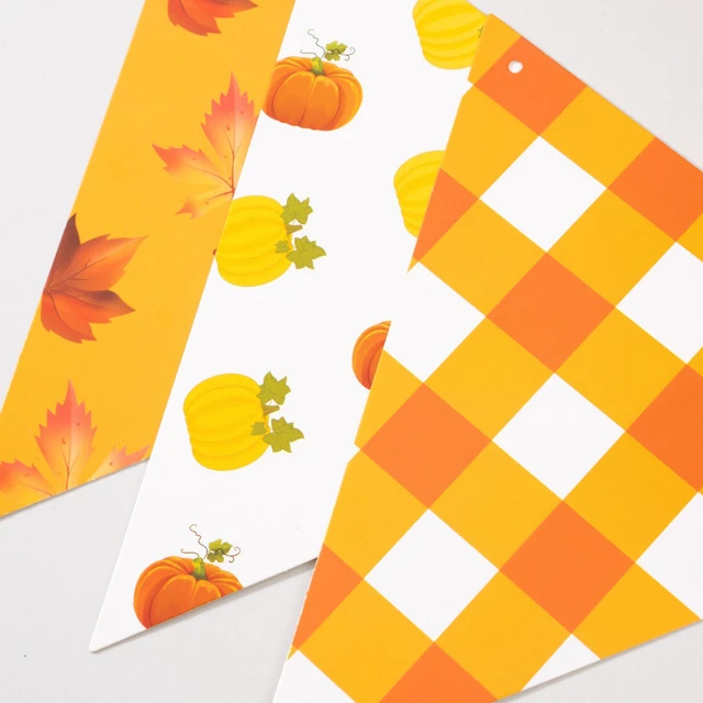 Alt view image 7 of 7 - Fall Banner Garland Autumn Triangle Flag Bunting with Plaid, Pumpkin & Maple Leaf Designs Cardstock Thanksgiving Decorations for Fall Birthday, Harvest & Party Supplies