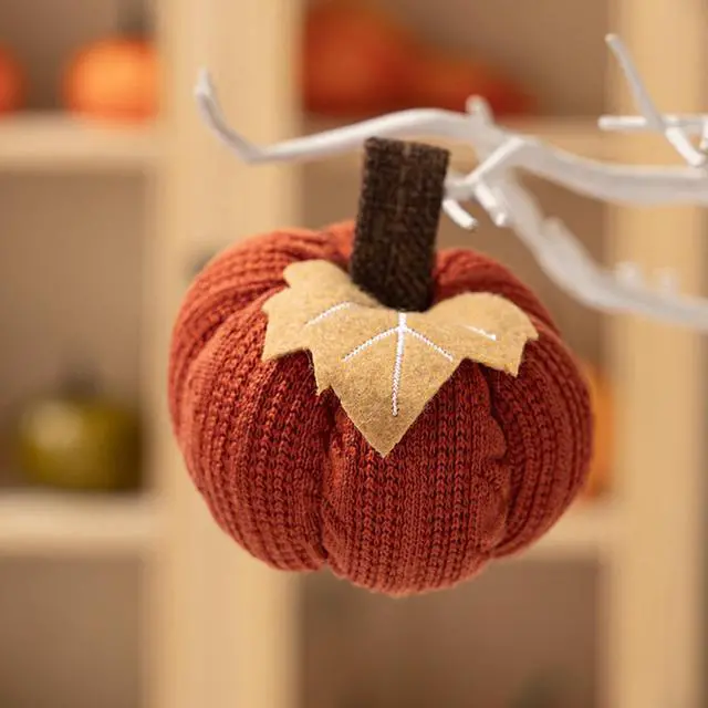 Alt view image 3 of 7 - Faux Fall Harvest Crochet Pumpkins - Small Knit Rustic Farmhouse Foam Decor for Thanksgiving Halloween Autumn Mantel Table (Orange, 9cmx9cmx6cm)
