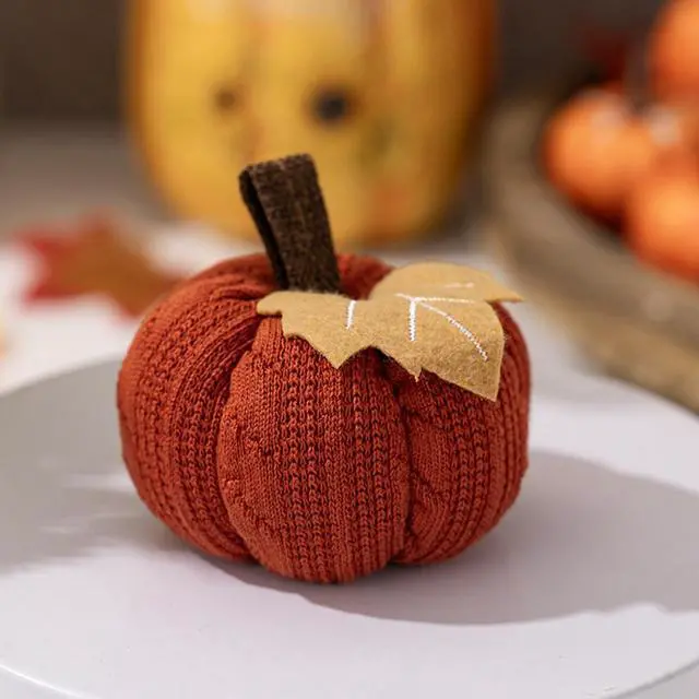 Alt view image 4 of 7 - Faux Fall Harvest Crochet Pumpkins - Small Knit Rustic Farmhouse Foam Decor for Thanksgiving Halloween Autumn Mantel Table (Orange, 9cmx9cmx6cm)