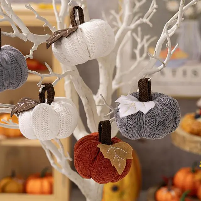 Alt view image 5 of 7 - Faux Fall Harvest Crochet Pumpkins - Small Knit Rustic Farmhouse Foam Decor for Thanksgiving Halloween Autumn Mantel Table (Orange, 9cmx9cmx6cm)