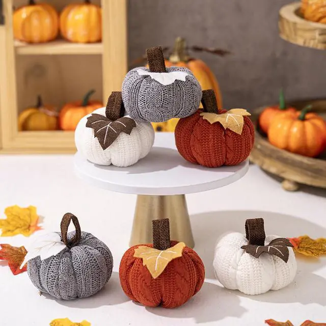 Alt view image 6 of 7 - Faux Fall Harvest Crochet Pumpkins - Small Knit Rustic Farmhouse Foam Decor for Thanksgiving Halloween Autumn Mantel Table (Orange, 9cmx9cmx6cm)