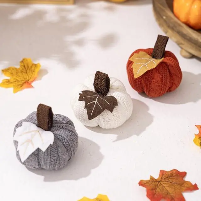 Alt view image 7 of 7 - Faux Fall Harvest Crochet Pumpkins - Small Knit Rustic Farmhouse Foam Decor for Thanksgiving Halloween Autumn Mantel Table (Orange, 9cmx9cmx6cm)