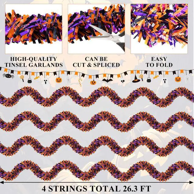 Alt view image 2 of 6 - 4 Strings Total 26.4 FT Halloween Full Fringe Tinsel Garlands Each 6.6 FT Black Orange Purple Metallic Garland for Halloween Parties, Haunted Houses, and Spooky Decorations