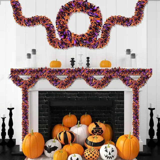 Alt view image 3 of 6 - 4 Strings Total 26.4 FT Halloween Full Fringe Tinsel Garlands Each 6.6 FT Black Orange Purple Metallic Garland for Halloween Parties, Haunted Houses, and Spooky Decorations