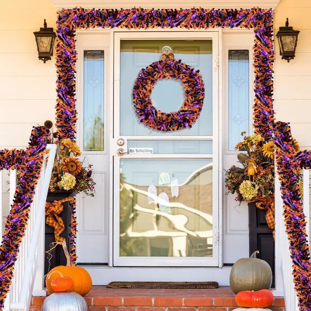 Alt view image 5 of 6 - 4 Strings Total 26.4 FT Halloween Full Fringe Tinsel Garlands Each 6.6 FT Black Orange Purple Metallic Garland for Halloween Parties, Haunted Houses, and Spooky Decorations