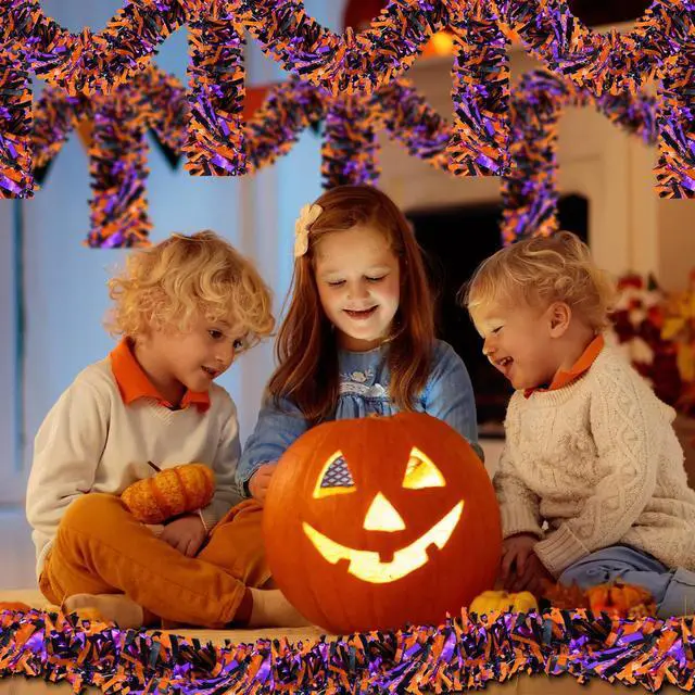 Alt view image 4 of 6 - 4 Strings Total 26.4 FT Halloween Full Fringe Tinsel Garlands Each 6.6 FT Black Orange Purple Metallic Garland for Halloween Parties, Haunted Houses, and Spooky Decorations