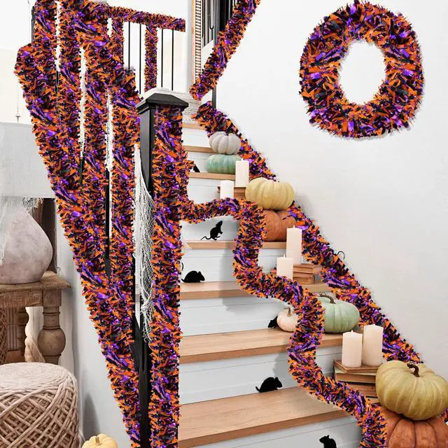 Alt view image 6 of 6 - 4 Strings Total 26.4 FT Halloween Full Fringe Tinsel Garlands Each 6.6 FT Black Orange Purple Metallic Garland for Halloween Parties, Haunted Houses, and Spooky Decorations