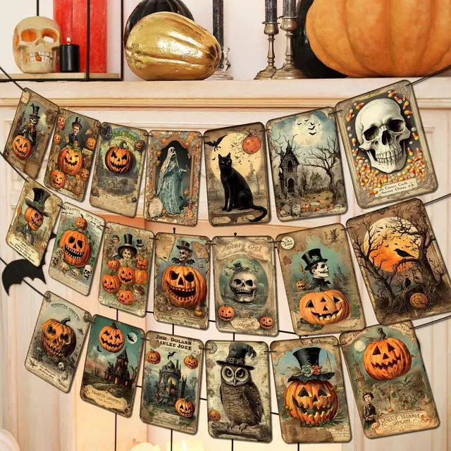 Main image of Halloween Holiday Decorations Vintage Style Pumpkin Halloween Banner | Retro Halloween Hanging Garland Bunting Flag Indoor for Home Office Party Fireplace Mantle