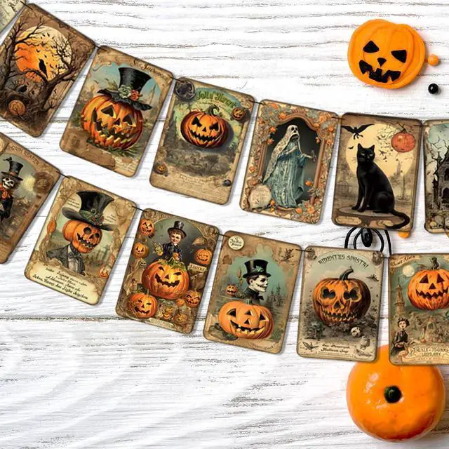 Alt view image 3 of 7 - Halloween Holiday Decorations Vintage Style Pumpkin Halloween Banner | Retro Halloween Hanging Garland Bunting Flag Indoor for Home Office Party Fireplace Mantle