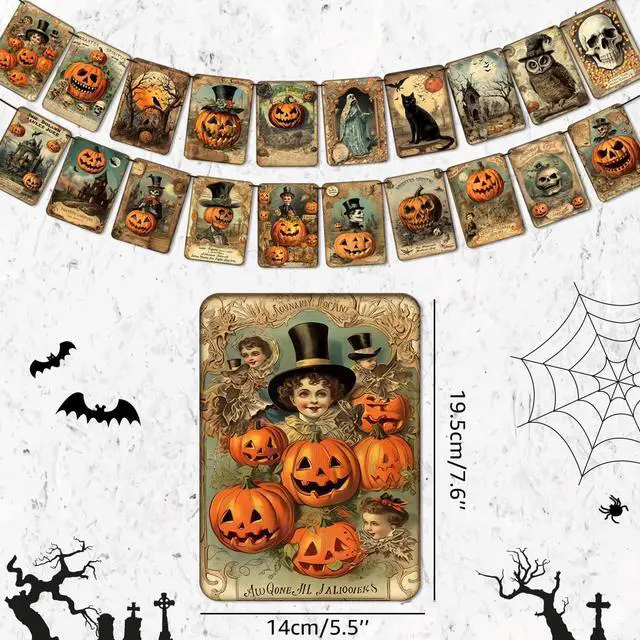 Alt view image 2 of 7 - Halloween Holiday Decorations Vintage Style Pumpkin Halloween Banner | Retro Halloween Hanging Garland Bunting Flag Indoor for Home Office Party Fireplace Mantle
