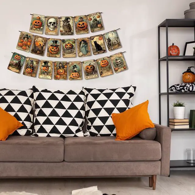 Alt view image 4 of 7 - Halloween Holiday Decorations Vintage Style Pumpkin Halloween Banner | Retro Halloween Hanging Garland Bunting Flag Indoor for Home Office Party Fireplace Mantle