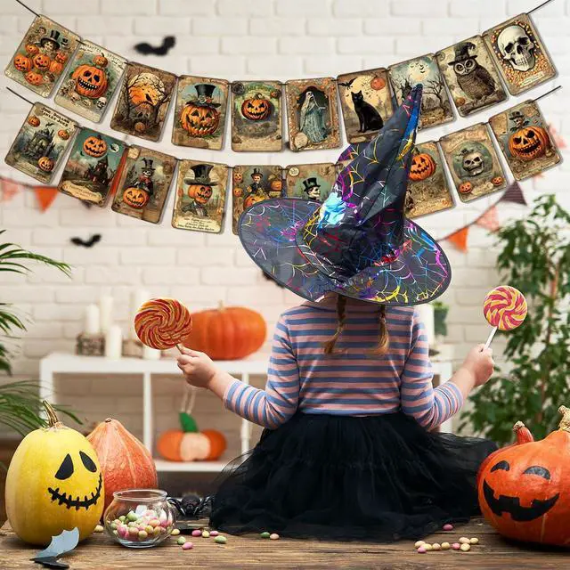 Alt view image 5 of 7 - Halloween Holiday Decorations Vintage Style Pumpkin Halloween Banner | Retro Halloween Hanging Garland Bunting Flag Indoor for Home Office Party Fireplace Mantle