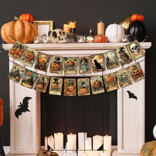 Alt view image 6 of 7 - Halloween Holiday Decorations Vintage Style Pumpkin Halloween Banner | Retro Halloween Hanging Garland Bunting Flag Indoor for Home Office Party Fireplace Mantle