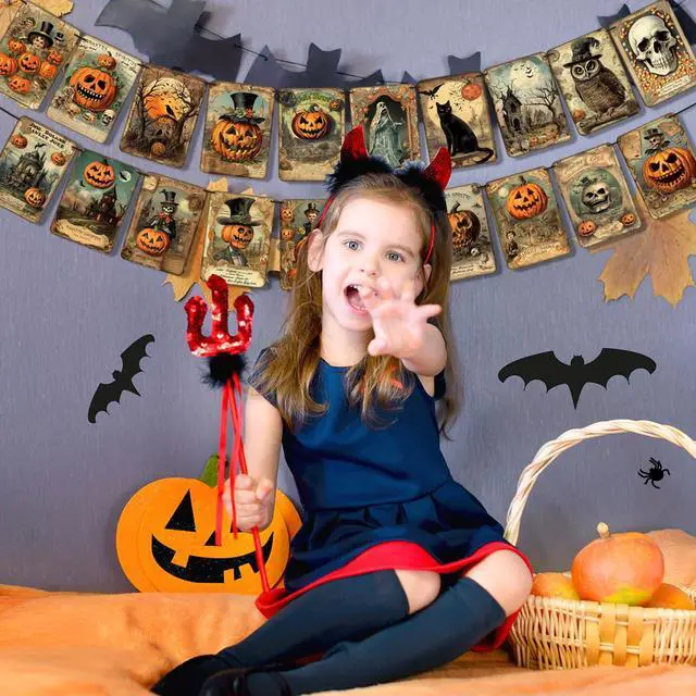 Alt view image 7 of 7 - Halloween Holiday Decorations Vintage Style Pumpkin Halloween Banner | Retro Halloween Hanging Garland Bunting Flag Indoor for Home Office Party Fireplace Mantle