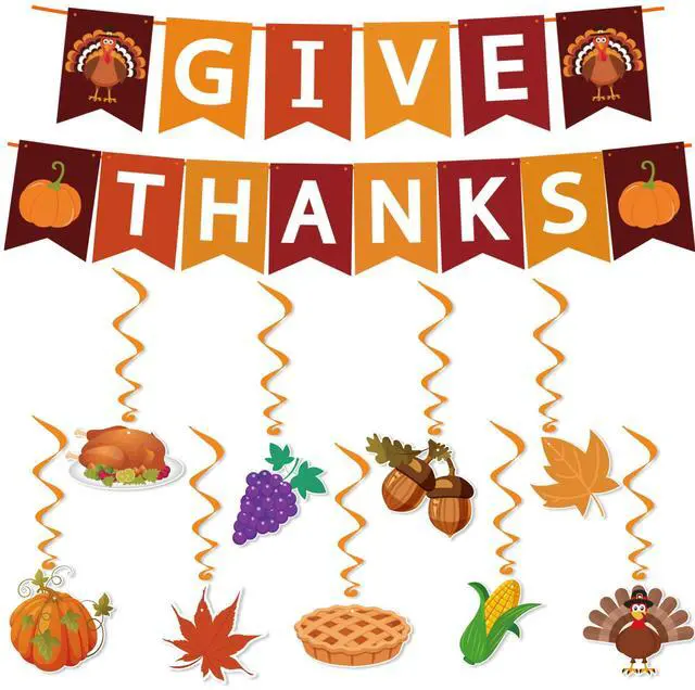 Main image of Thanksgiving Decorations - GIVE THANKS Banner Turkey Pumpkin Maple Leaves Hanging Swirls | Friendsgiving Party Decorations for Indoor Outdoor Outside - Fall Decor Thanksgiving Backdrop Garland