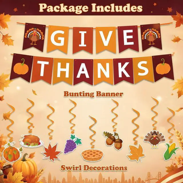 Alt view image 2 of 7 - Thanksgiving Decorations - GIVE THANKS Banner Turkey Pumpkin Maple Leaves Hanging Swirls | Friendsgiving Party Decorations for Indoor Outdoor Outside - Fall Decor Thanksgiving Backdrop Garland