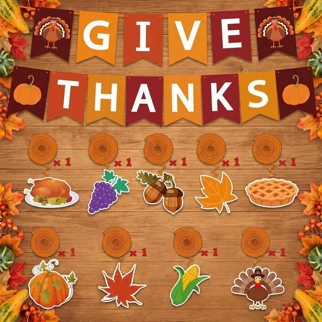 Alt view image 4 of 7 - Thanksgiving Decorations - GIVE THANKS Banner Turkey Pumpkin Maple Leaves Hanging Swirls | Friendsgiving Party Decorations for Indoor Outdoor Outside - Fall Decor Thanksgiving Backdrop Garland