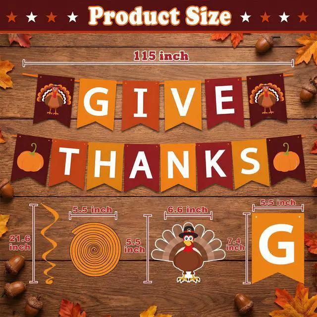 Alt view image 3 of 7 - Thanksgiving Decorations - GIVE THANKS Banner Turkey Pumpkin Maple Leaves Hanging Swirls | Friendsgiving Party Decorations for Indoor Outdoor Outside - Fall Decor Thanksgiving Backdrop Garland