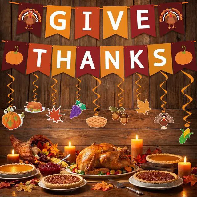 Alt view image 5 of 7 - Thanksgiving Decorations - GIVE THANKS Banner Turkey Pumpkin Maple Leaves Hanging Swirls | Friendsgiving Party Decorations for Indoor Outdoor Outside - Fall Decor Thanksgiving Backdrop Garland