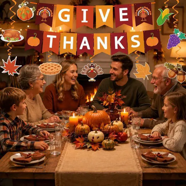 Alt view image 6 of 7 - Thanksgiving Decorations - GIVE THANKS Banner Turkey Pumpkin Maple Leaves Hanging Swirls | Friendsgiving Party Decorations for Indoor Outdoor Outside - Fall Decor Thanksgiving Backdrop Garland