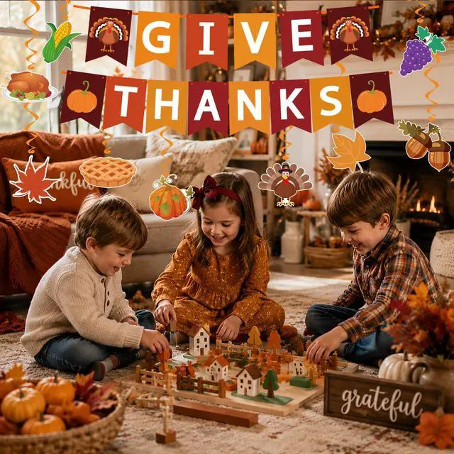Alt view image 7 of 7 - Thanksgiving Decorations - GIVE THANKS Banner Turkey Pumpkin Maple Leaves Hanging Swirls | Friendsgiving Party Decorations for Indoor Outdoor Outside - Fall Decor Thanksgiving Backdrop Garland