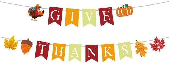 Main image of Thanksgiving Celebration Banner, Colorful Give Thanks with Red, Orange, Golden Color, with Turkey, Pumpkin, Autumn Leaves, Festive Fall Decor for Home, Office, Autumn Party, Harvest Celebration