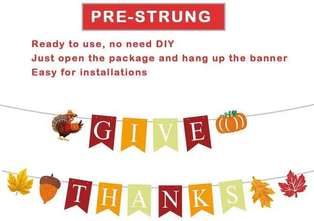 Alt view image 2 of 6 - Thanksgiving Celebration Banner, Colorful Give Thanks with Red, Orange, Golden Color, with Turkey, Pumpkin, Autumn Leaves, Festive Fall Decor for Home, Office, Autumn Party, Harvest Celebration