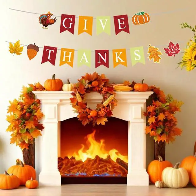 Alt view image 5 of 6 - Thanksgiving Celebration Banner, Colorful Give Thanks with Red, Orange, Golden Color, with Turkey, Pumpkin, Autumn Leaves, Festive Fall Decor for Home, Office, Autumn Party, Harvest Celebration