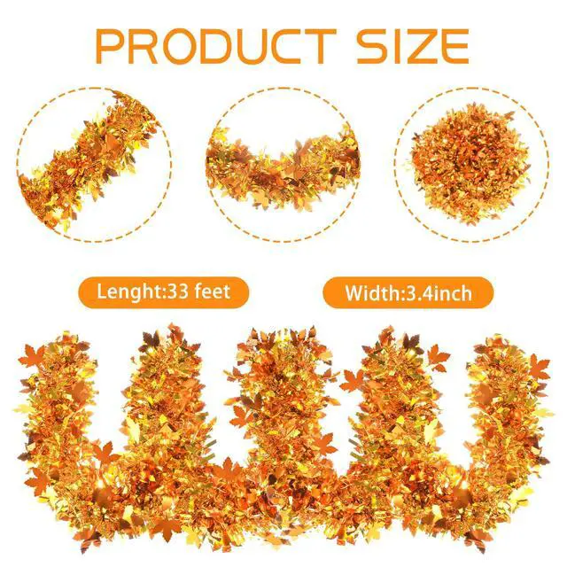 Alt view image 3 of 7 - 33Ft Thanksgiving Tinsel Garland, Golden Maple Leaf Metallic Twist Fall Hanging Garland for Autumn Thanksgiving Halloween Party Decoration