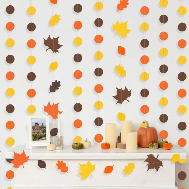 Alt view image 2 of 7 - Fall Leaf Garlands for Thanksgiving Party Decorations | Fall Maple Leaves Banner Circle Dots Hanging Garlands for Autumn Harvest Thanksgiving Festival Party Supplies