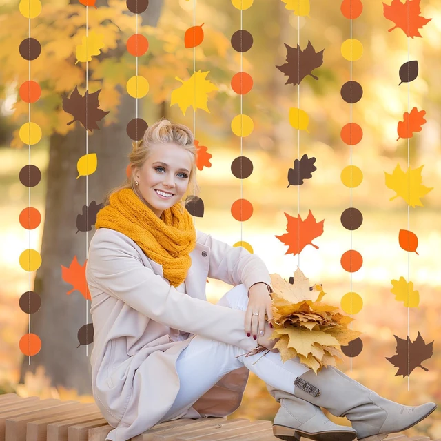 Alt view image 4 of 7 - Fall Leaf Garlands for Thanksgiving Party Decorations | Fall Maple Leaves Banner Circle Dots Hanging Garlands for Autumn Harvest Thanksgiving Festival Party Supplies