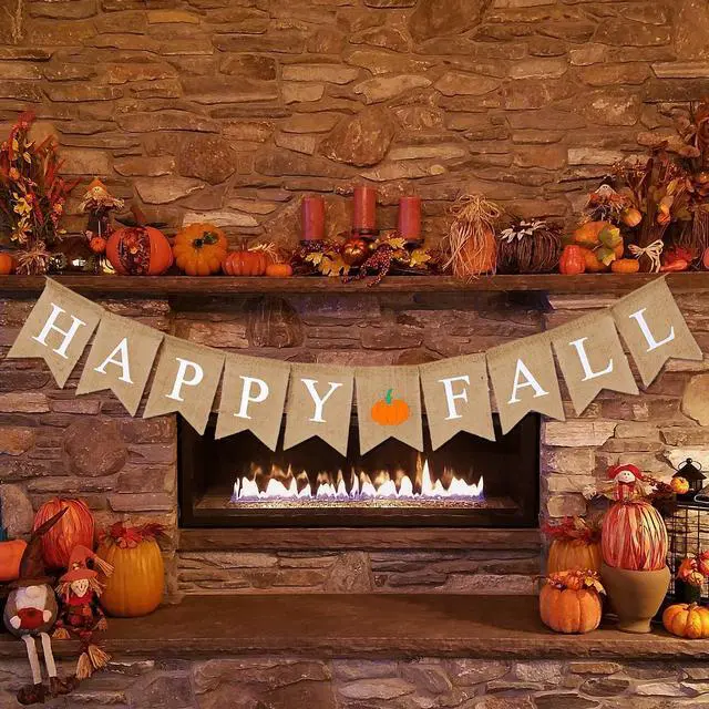 Alt view image 4 of 7 - Happy Fall Pumpkin Burlap Banner Harvest Home Decor Bunting Flag Pre-Assembled Autumn Hanging Garland Party Thanksgiving Day Decoration (White)