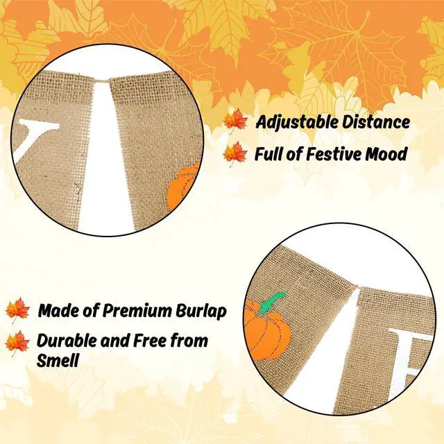 Alt view image 3 of 7 - Happy Fall Pumpkin Burlap Banner Harvest Home Decor Bunting Flag Pre-Assembled Autumn Hanging Garland Party Thanksgiving Day Decoration (White)