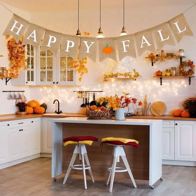 Alt view image 6 of 7 - Happy Fall Pumpkin Burlap Banner Harvest Home Decor Bunting Flag Pre-Assembled Autumn Hanging Garland Party Thanksgiving Day Decoration (White)