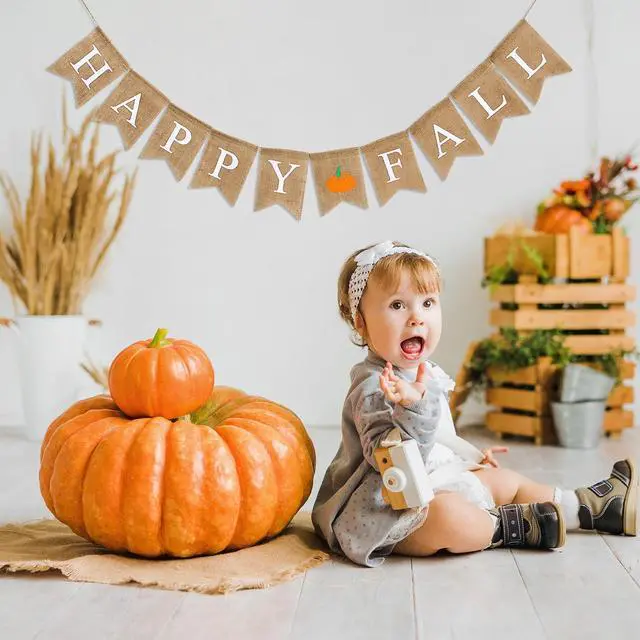 Alt view image 5 of 7 - Happy Fall Pumpkin Burlap Banner Harvest Home Decor Bunting Flag Pre-Assembled Autumn Hanging Garland Party Thanksgiving Day Decoration (White)