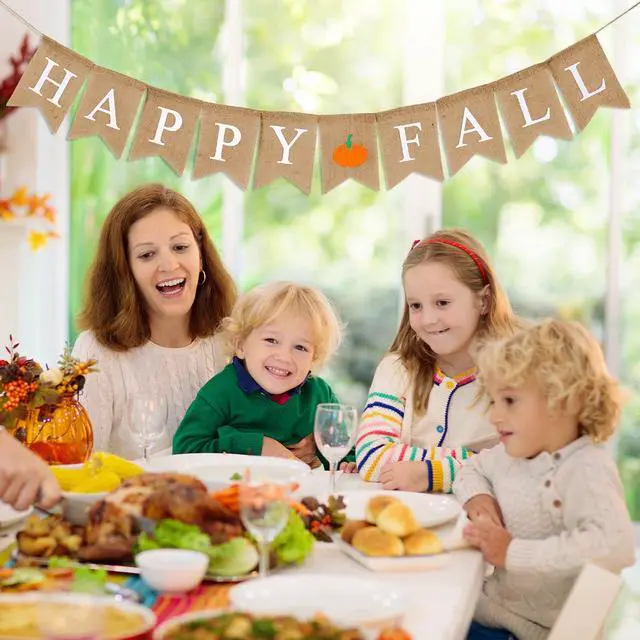 Alt view image 7 of 7 - Happy Fall Pumpkin Burlap Banner Harvest Home Decor Bunting Flag Pre-Assembled Autumn Hanging Garland Party Thanksgiving Day Decoration (White)