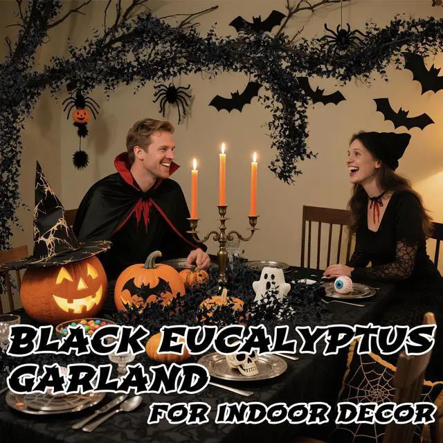 Alt view image 5 of 7 - Black Halloween Garland for Mantle - 2PCS Eucalyptus Vines 5.9FT | Artificial Black Eucalyptus Garland, Halloween Mantle Party Decor, Faux Hanging Vines for Fireplace, Wall, Indoor Outdoor