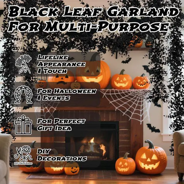 Alt view image 4 of 7 - Black Halloween Garland for Mantle - 2PCS Eucalyptus Vines 5.9FT | Artificial Black Eucalyptus Garland, Halloween Mantle Party Decor, Faux Hanging Vines for Fireplace, Wall, Indoor Outdoor