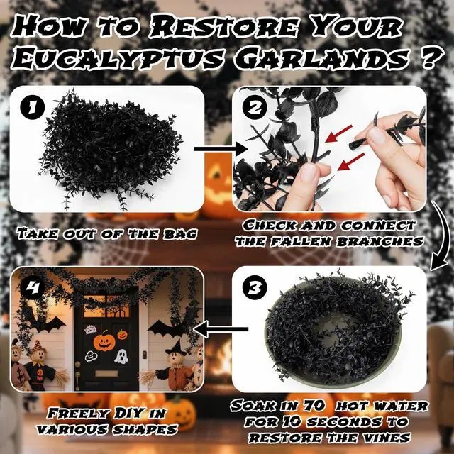 Alt view image 7 of 7 - Black Halloween Garland for Mantle - 2PCS Eucalyptus Vines 5.9FT | Artificial Black Eucalyptus Garland, Halloween Mantle Party Decor, Faux Hanging Vines for Fireplace, Wall, Indoor Outdoor