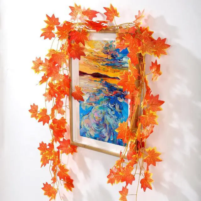 Alt view image 4 of 7 - Fall Leaf Garland for Room Decor(12 Pack),Artificial Maple Leaves,Autumn Hanging Vines Red Ivy Plant for Bedroom Wall Decor Thanksgiving Halloween Christmas WeddingParty Garden Fireplace
