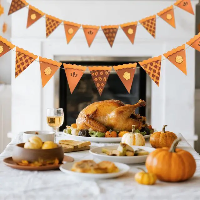 Alt view image 5 of 7 - Thanksgiving Pumpkin Pie Banner 2PCS Pre-Strung Pie Party Banner,Pumpkin Decor, Thanksgiving Party Banner for Party Supplies, Fireplace, Wall, Table, Classroom, Mantel Decor