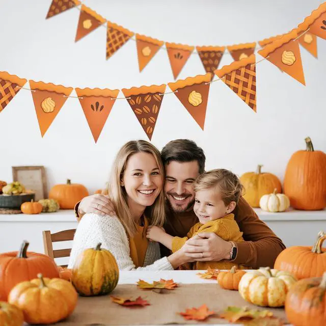 Alt view image 4 of 7 - Thanksgiving Pumpkin Pie Banner 2PCS Pre-Strung Pie Party Banner,Pumpkin Decor, Thanksgiving Party Banner for Party Supplies, Fireplace, Wall, Table, Classroom, Mantel Decor